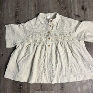 Solitaire Womens M Smocked Yoke Crop Popover Shirt Short Sleeve Beige Boho